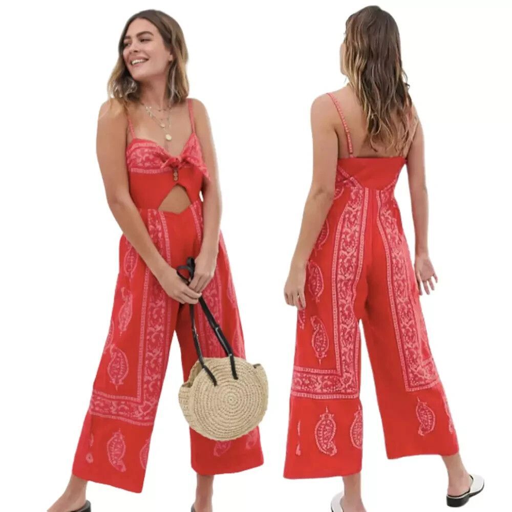 Free People Linen Blend Wide Leg Jumpsuit 0 Red Paisley Cottage Boho Festival - Picture 2 of 15
